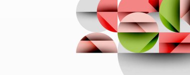 Soyut geometrik bileşim. Üst üste binen yarı daireler, dikdörtgenler dinamik görsel efekt yaratır. Kırmızı, yeşil, gri renkler minimalist tasarıma hakim. Temiz çizgiler, modern estetik..