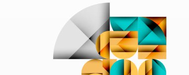Soyut geometrik bileşim. Şekiller örtüşüyor, dinamik görsel ilgi yaratıyor. Renkler arasında altın, deniz mavisi, turuncu, gümüş yer alıyor. Modern tasarım elementleri yenilik ve teknoloji öneriyor.