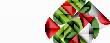 Soyut geometrik bileşim. Kırmızı, yeşil, beyaz şekiller birbirine kenetlenerek dinamik görsel doku oluşturur. Minimalist tasarım modern estetiği çağrıştırıyor. Temiz çizgiler, kalın renkler.