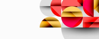 Soyut geometrik bileşim. Üst üste binen daireler, dikdörtgenler dinamik görsel efekt yaratır. Beyaz arka plana karşı sıcak ve serin renkler. Modern tasarım ögesi.