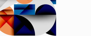 Soyut geometrik bileşim. Üst üste binen şekiller, dinamik görsel ilgi yaratır. Renkler arasında turuncu, mavi, kırmızı, beyaz sayılabilir. Temiz çizgiler ve gradyanlarla modern tasarım.