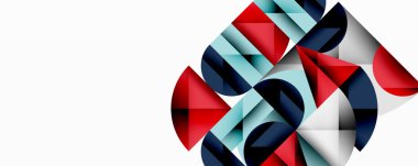 Soyut geometrik bileşim. Üst üste binen şekiller, üçgen hareketli görsel efektler. Kırmızı, mavi, gri tonlar beyaz arkaplana hükmediyor. Modern tasarım ögesi.