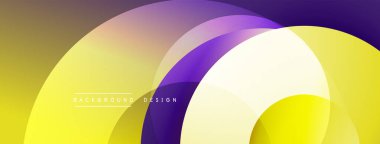 Üstüste binen şeffaf daireler içeren soyut bir kompozisyon. Renkler sarı, altın, mor, beyaz dinamik görsel efekt yaratır. Modern arkaplan tasarımı ögesi.