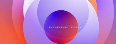 Soyut çemberler örtüşüyor ve canlı gradyanlar yaratıyor. Mor, mavi, turuncu renkler düzgün bir şekilde harmanlanır. Arkaplan ve sunumlar için modern tasarım ögesi. Minimalist estetik.