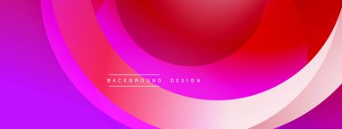 Soyut arkaplan özellikleri üst üste binen daireler, mordan pembeye doğru değişen gradyanlar, sonra da kırmızı. Düz eğriler, dinamik görsel akış yaratır. Minimalist tasarım.