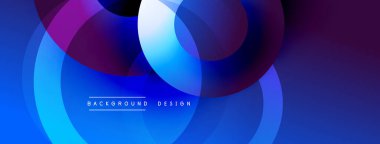 Soyut tasarım, üst üste binen daireler, canlı mavi, mor renkler. Gradyan etkisi dinamik görsel deneyim yaratır. Çeşitli projeler için modern arkaplan.
