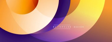 Soyut çakışan daireler canlı bir gradyan arkaplan oluşturur. Sıcak turuncu, sarı, mor renkler düzgün bir şekilde harmanlanır. Dijital projeler için modern tasarım ögesi.