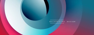 Soyut çemberler çakışıyor, canlı gradyanlar yaratıyor. Renkler kırmızıdan maviye, beyaz renklerle geçiş yapar. Modern tasarım teknoloji ya da yenilik öneriyor. Pürüzsüz şekiller akıcılığı çağrıştırır.