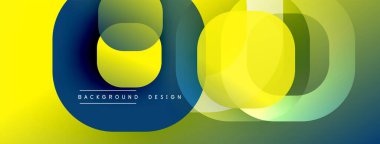 Soyut geometrik bileşim. Üst üste binen daireler, kareler dinamik görsel efektler yaratır. Sarı, mavi, yeşil gradyanlar dizaynın hakimi. Modern, minimalist estetik.