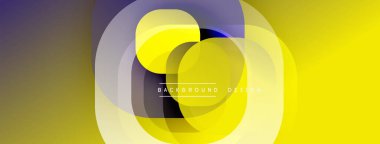 Soyut geometrik bileşim. Üst üste binen daireler dinamik görsel efekt yaratır. Sarı, mor, gri gradyanlar modern arka plan tasarımını oluşturur. Minimalist stil.