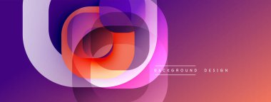 Üst üste binen daireler, canlı gradyanlar içeren soyut kompozisyon. Mor, turuncu, pembe renkler kusursuz bir şekilde harmanlanarak modern görsel efekt yaratır. Düz geçişler tasarıma hükmediyor.