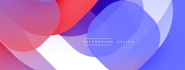 Soyut renkli örtüşen şekiller dinamik arkaplan oluşturur. Yumuşak gradyanlar kırmızı, mavi, mor, beyaz renkleri harmanlarlar. Modern tasarım akıcı, canlı, minimalist hissediyor.