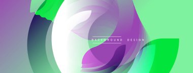 Soyut sıvı şekiller, canlı renklerin karışımı. Modern tasarım üst üste binen daireler, gradyanlar içerir. Açık yeşil, mor renkler dinamik kompozisyon yaratır. Minimalist estetik.