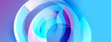 Soyut tasarım üst üste binen dairesel katmanlar içerir. Mor, mavi, pembe renklerin karışımı dinamik görsel efekt yaratır. Modern, pürüzsüz estetik.