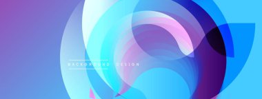 Soyut tasarım özellikleri üst üste binen daireler, gradyanlar. Renkler arasında mavi, mor, pembe var. Modern estetik, arka planlar ve sunumlar için uygun. Düz geçişler dinamik görsel efekt yaratır.