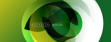 Soyut yeşil arkaplan. Üst üste binen dairesel katmanlar dinamik görsel efekt yaratır. Dereceli gölgeler ışıktan koyu renklere dönüşür. Modern tasarım ögesi.