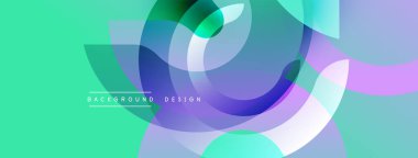 Üstüste binen şeffaf daireler, kareler içeren soyut bir kompozisyon. Renkler karışık turkuaz, mor, yeşil. Arkaplan ve sunumlar için modern tasarım ögesi.