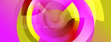Soyut enerjik tasarım eşmerkezli daireler içerir. Pembe, sarı, kestane rengi karışımı dinamik görsel efekt yaratır. Çeşitli projeler için modern arkaplan.