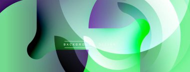 Soyut tasarım özellikleri üst üste binen şeffaf şekiller. Renk yeşili, mor, siyah dinamik görsel efekt. Arka planlar ve sunumlar için modern estetik.