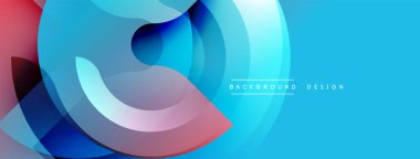 Soyut tasarım özellikleri üst üste binen şeffaf daireler. Maviler baskın, kırmızı ve mor renkler vurguluyor. Modern estetik, pürüzsüz gradyanlar dinamik görsel akış yaratır. Arkaplan teknoloji ve yenilik öneriyor.