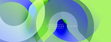 Üst üste binen daireler, gradyanlar içeren soyut kompozisyon. Mavi, yeşil renkler tasarıma hakim. Modern estetik, arka planlar ve sunumlar için uygun. Minimalist tarz, dinamik şekiller.