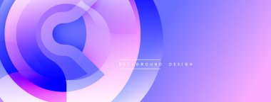 Soyut arkaplan özellikleri üst üste binen daireler, mordan maviye gradyanlar. Yumuşak renk geçişleri olan modern tasarım dinamik görsel efekt yaratır. Minimalist estetik.