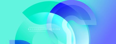 Soyut arkaplan özellikleri üst üste binen şeffaf çemberler. Renk tonları turkuazdan parlak maviye dönüşüyor. Minimalist tasarım modern estetik ve temiz çizgileri çağrıştırıyor.
