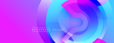 Soyut eğim arkaplanı. Üst üste binen daireler dinamik görsel efekt yaratır. Canlı mor, mavi renkler kompozisyona hakim. Dijital projeler için modern tasarım ögesi.