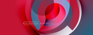 Soyut tasarım, üst üste binen daireler, canlı kırmızılar, maviler, beyazlar. Modern estetik, dinamik kompozisyon görsel ilgi yaratır. Arkaplan teknoloji ve yenilik öneriyor.