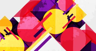 Soyut geometrik bileşim. Üst üste binen daireler, dikdörtgenler dinamik görsel deneyimler yaratır. Parlak renkli, mor, pembemsi tasarım. Modern, eğlenceli estetik..