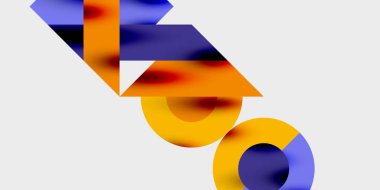 Soyut geometrik bileşim. Üst üste binen şekiller, canlı renk mavileri, portakallar, sarı renkli görsel ilgi. Yumuşak eğimler derinliği, modern estetiği akla getiriyor.