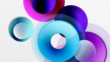 Üst üste binen daireler, canlı gradyanlar içeren soyut kompozisyon. Mavi, mor, pembe renkler dizaynın hakimi. Çizgiler dinamik görsel doku yaratır. Modern, minimalist estetik.