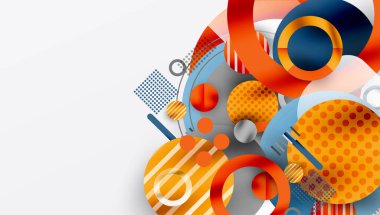 Soyut geometrik bileşim. Üst üste binen daireler, kareler, çizgiler dinamik görsel efekt yaratır. Turuncu, mavi, gri baskın renk şeması. Modern tasarım ögesi.