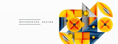 Soyut geometrik bileşim. Üst üste binen şekiller dinamik görsel efekt yaratır. Sarı, gri, mavi tonlar tasarımda baskın. Modern tarz, temiz çizgiler, minimalist estetik..