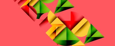 Soyut geometrik bileşim. Renkli üçgenler çakışıyor, dinamik görsel etki yaratıyor. Kırmızı, sarı, yeşil renkler pembe arkaplana hükmediyor. Modern tasarım elemanları.