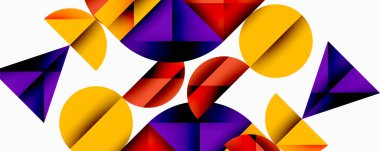 Soyut geometrik şekiller örtüşür ve canlı bir bileşim yaratır. Sarı, kırmızı, mor renkler tasarımda baskın. Modern, dinamik görsel deneyim.