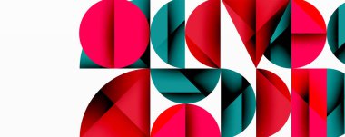 Soyut geometrik desen. Çemberler, yarı daireler, üçgenler birbirine kenetlenerek dinamik bileşim oluştururlar. Kırmızı, deniz mavisi, siyah şekiller beyaz arkaplanla tezat oluşturuyor. Modern tasarım.