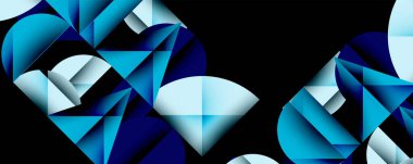 Soyut geometrik bileşim. Mavi gölgeler baskın, dinamik şekiller yaratıyor. Siyah arkaplan parlak röfleleri vurgular, kristal yapılar veya yansımalar önerir. Modern tasarım.