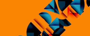 Soyut geometrik şekiller kompozisyona hükmediyor. Turuncu arka plan mavi, siyah, kırmızı parçalarla çelişiyor. Modern tasarım dinamik enerjiyi, görsel ilgiyi çağrıştırıyor.