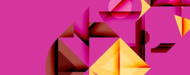 Soyut geometrik bileşim. Şekiller çakışıyor, derinlik yaratıyor. Ilık tonlarda, parlak pembe arka planda karşıtlık. Modern tasarım, cesur biçimler, dinamik görsel deneyim.