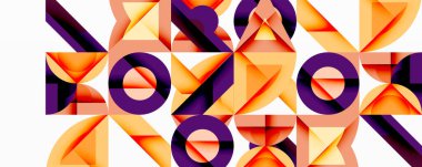 Soyut geometrik desen. Turuncu, mor, şeftali renkleri katmanlı şekiller yaratır. Üçgenler, daireler dinamik bileşim oluştururken kesişiyor. Modern tasarım ögesi.