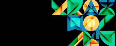 Geometrik desenler görüntüye hakim. Renk yeşili, mavi, siyah arkaplana karşı soyut bir soyut tasarım. Şekiller birbirine kenetlenerek karmaşık görsel doku oluşturur.