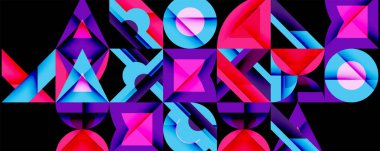 Canlı geometrik desenler siyah arkaplana hükmediyor. Üçgenler, kareler, daireler birleşerek dinamik bileşim oluşturuyor. Kalın renk spreyi, mavi, mor, redadd görsel ilgi.