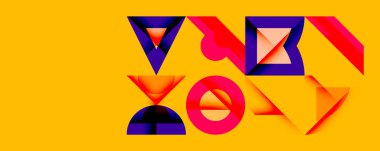 Soyut geometrik şekiller, parlak sarı arka planla örtüşür. Pembe, mor, turuncu renkler dinamik kompozisyon yaratır. Modern tasarım açıları, biçimleri, renk karşıtlığını vurgular.