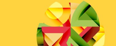 Soyut geometrik bileşim. Üst üste binen şekiller, dinamik görsel ilgi yaratır. Parlak renk dizaynları, kırmızılar, yeşil dizaynlar. Modern estetik, temiz çizgiler, kalın şekiller..