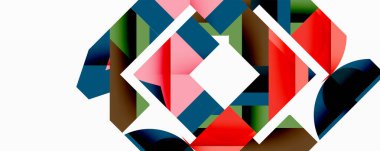 Soyut geometrik bileşim. Üst üste binen şekiller dinamik görsel efekt yaratır. Kırmızı, pembe, yeşil, kahverengi renkler tasarımda baskın. Temiz çizgiler, modern estetik..