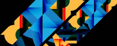 Soyut geometrik bileşim. Kalın şekiller kesişir, dinamik görsel efekt yaratır. Mavi, sarı, kırmızı renkler siyah arkaplana hakim. Modern tasarım elemanları.