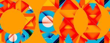 Soyut geometrik bileşim. Turkuaz aksanlı parlak turuncu egemen, kırmızı, siyah. Şekiller örtüşüyor, dinamik görsel doku oluşturuyor. Modern tasarım elemanları.