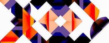 Soyut geometrik desen. Tekrarlayan şekiller turuncu, mor, beyaz, siyah renkler kullanarak simetrik dizayn oluşturur. Modern dijital illüstrasyon. Kalın görsel bileşim.