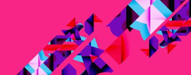Soyut geometrik bileşim. Çapraz şekiller kesişiyor, dinamik görsel etki yaratıyor. Canlı pembe arka plan, mavi, mor ve kırmızı elementlerle çelişiyor. Modern tasarım.